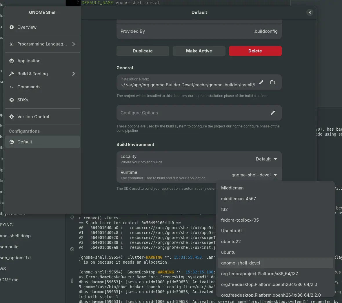 GNOME Builder running Shell from inside a Toolbx container